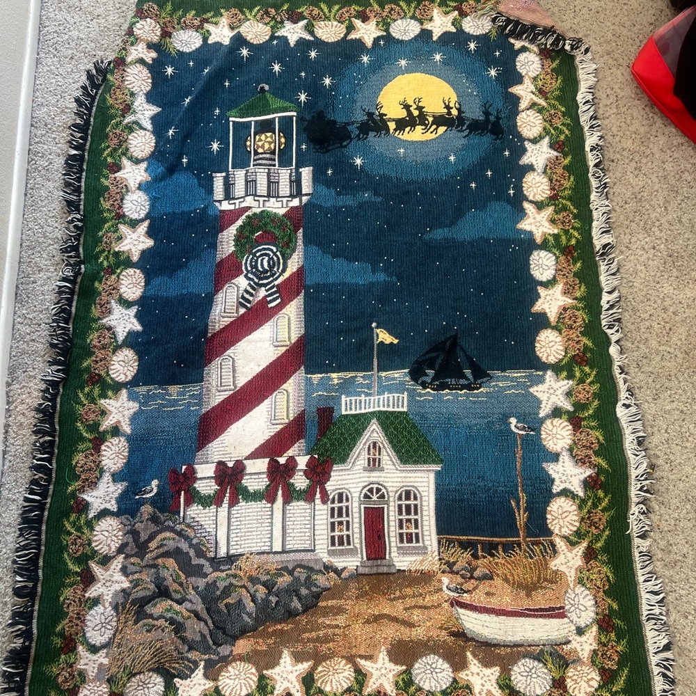 VNTG Santa Reindeer Christmas Light House Tapestry Blanket Country Southwestern‎ - Picture 3 of 10